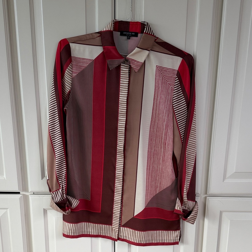 Lafayette 148 New York Red and Brown Geometric Button Down Shirt